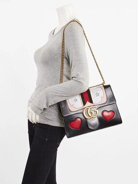 Gucci Black Leather Vintage Web GG Marmont Large Shoulder Bag